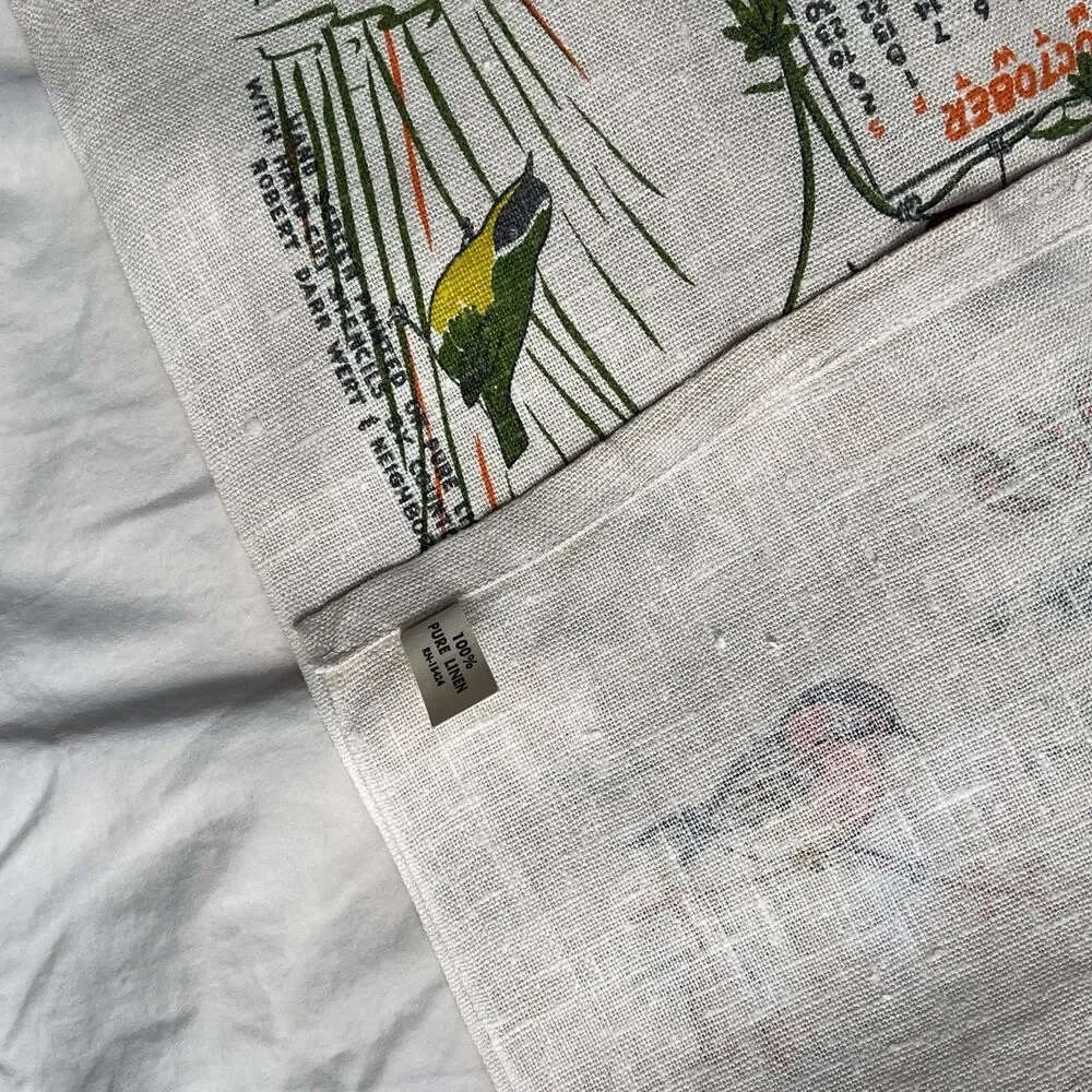 VTG 1965 Linen Tea Towel Calendar Mass Audubon Society Birds, Retro, MCM